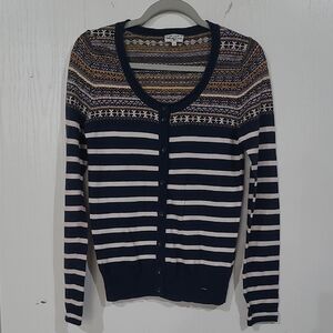 Tom Tailor Womens Striped Navy Fairisle Fine Guage Cardigan Size Small
